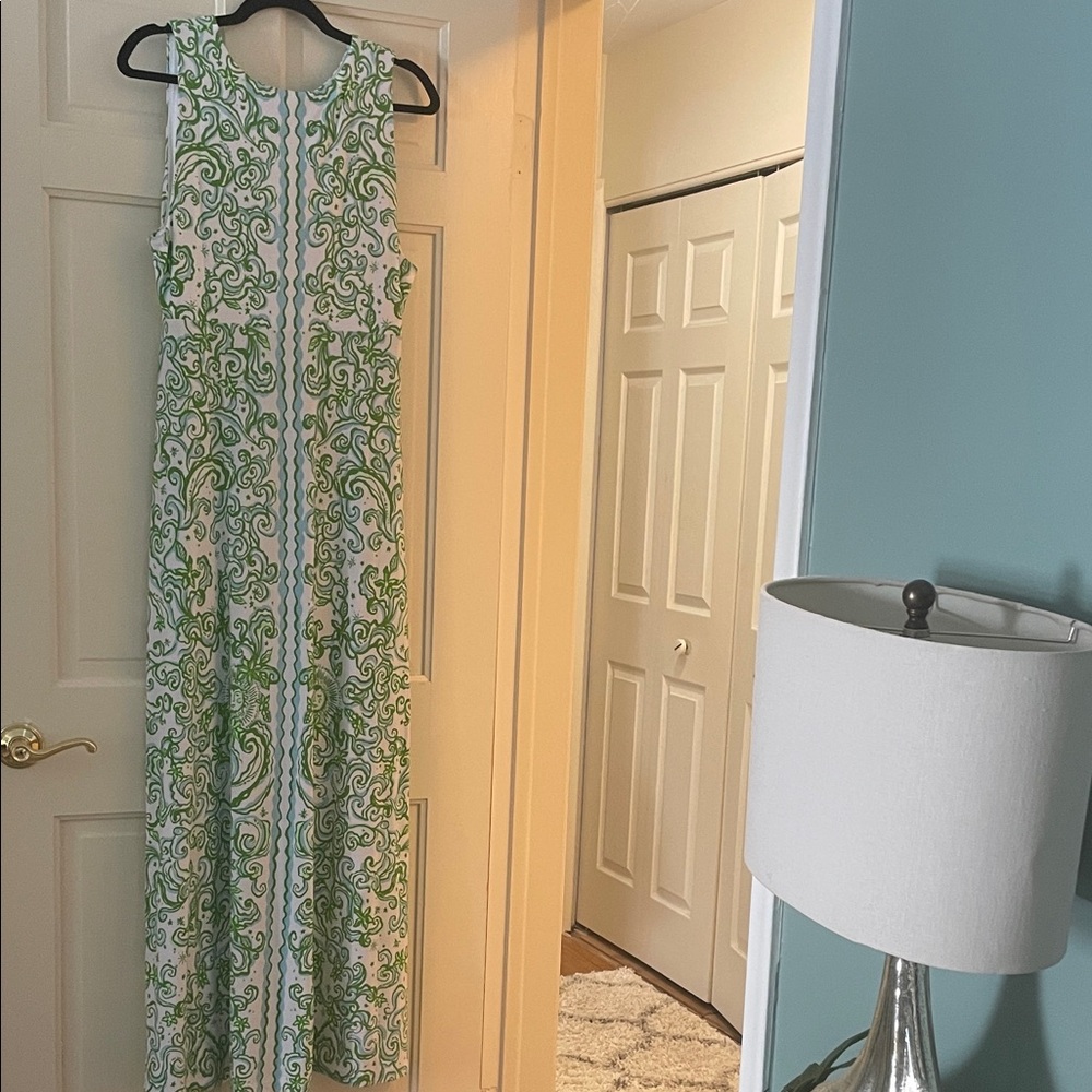 Lily Pulitzer NWT Elegant Green and White and light blue Patterned Maxi Dress LG